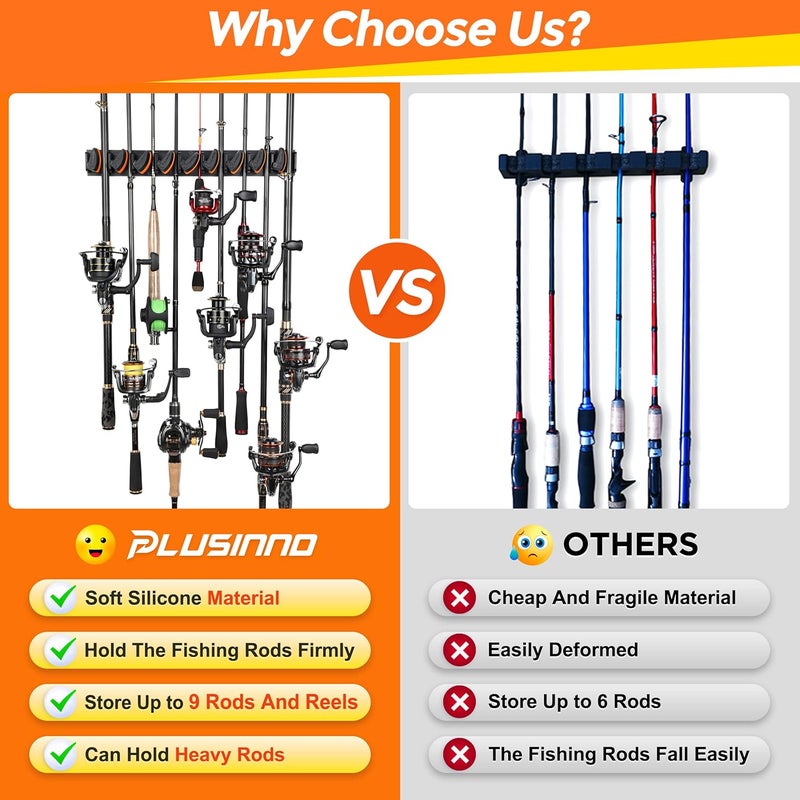 PLUSINNO V9 Vertical Fishing Rod Holders, Wall Mounted Fishing Pole Holders, Fishing Rod Rack Holds Up to 9 Rods or Combos, Fishing Rod Holders for Garage,Fishing Gear and Gifts for Men - Image 5
